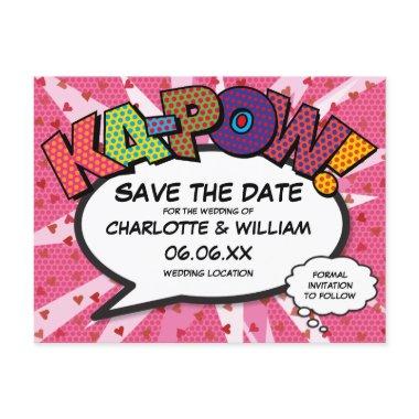 Save the Date Comic Book KAPOW Modern Pink Fun Announcement PostInvitations