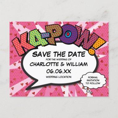 Save the Date Comic Book KAPOW Modern Pink Fun Announcement PostInvitations