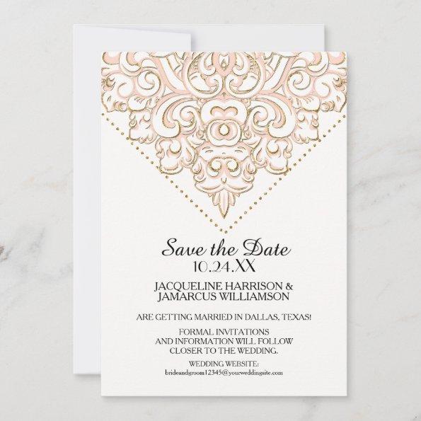 Save the Date Golden Damask Pattern Gold Lace