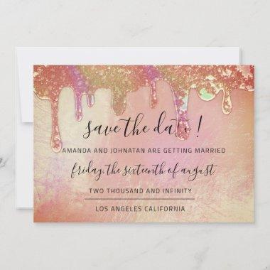 Save The Date Holographic Drips Rose Glass