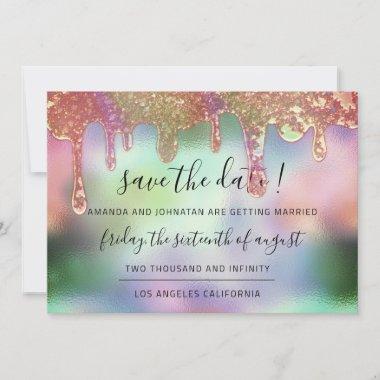 Save The Date Holographic Drips Rose Green