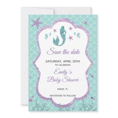 Save The Date Mermaid Glitter Purple Teal