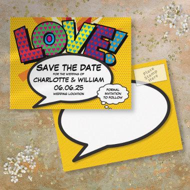 Save the Date Modern Fun Comic Book Love Announcement PostInvitations