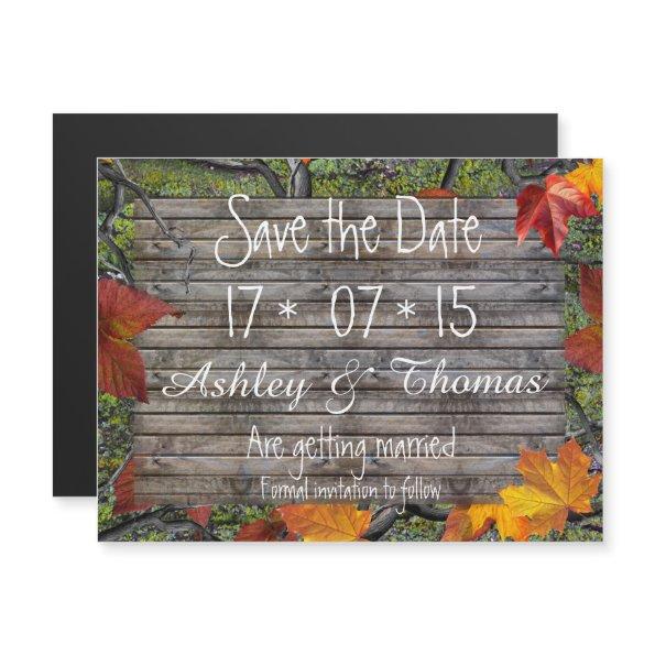Save the Date rustic wood camo fall leaves Magnetic Invitations