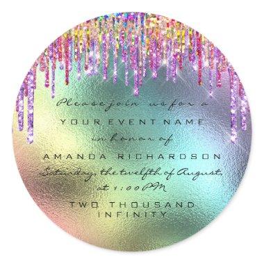 Save The Date Unicorn Rainbow Drips Holographic Classic Round Sticker