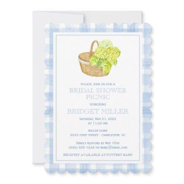 Scalloped Blue Gingham Hydrangea Flower Basket Invitations