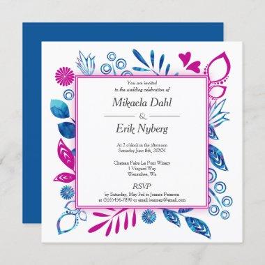 Scandinavian Blue and Pink Floral Design Invitations