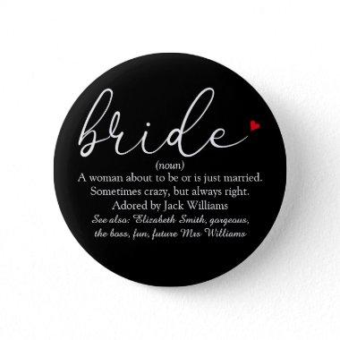 Script Bride Definition, Bridal Shower, Wedding Button