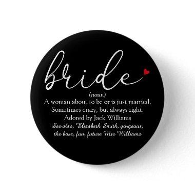 Script Bride Definition, Bridal Shower, Wedding Button