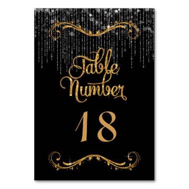 Script Elegant Gold Glitter Twinkle Lights Wedding Table Number