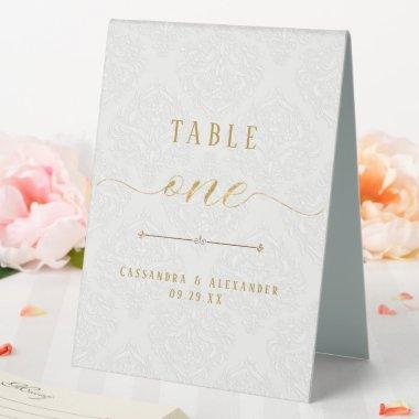Script Elegant White Lace Gold One 1 Wedding  Table Tent Sign
