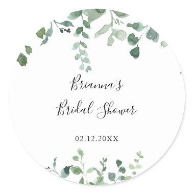 Script Green Foliage Bridal Shower Favor Classic Round Sticker