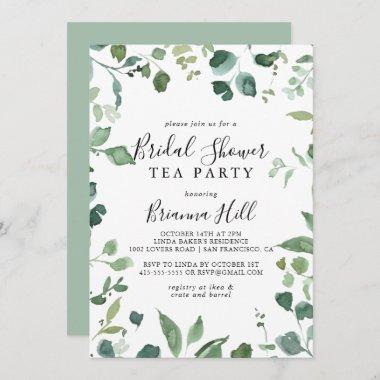 Script Green Foliage Bridal Shower Tea Party Invitations
