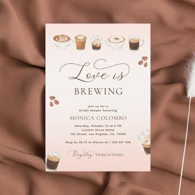 Script Love is Brewing Pink Coffee Bridal Shower Invitations