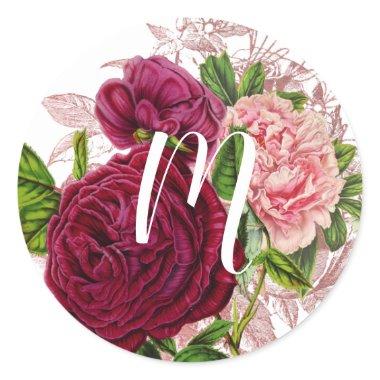 Script Monogram | Blush & Burgundy Floral Classic Round Sticker