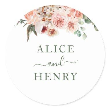 Script Monogram Blush Pink Roses Greenery Wedding Classic Round Sticker