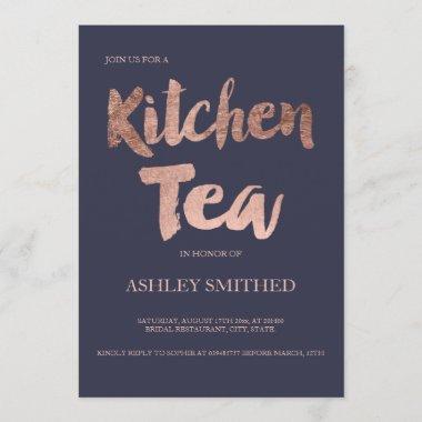 Script rose gold navy blue kitchen tea bridal Invitations