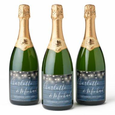 Script Rustic Blue Wood String Lights Wedding Sparkling Wine Label