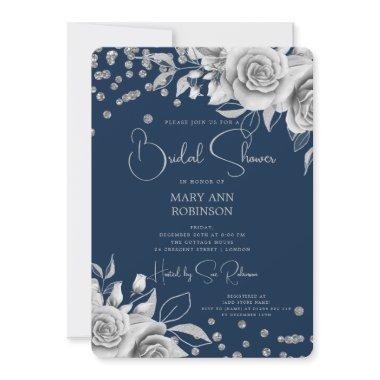 Script Silver Floral Glitter Bridal Shower Navy Invitations