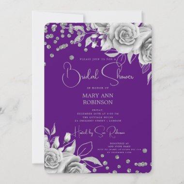 Script Silver Floral Glitter Bridal Shower Purple Invitations