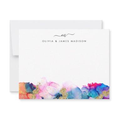 Script Swash Monogram Couple Rainbow Alcohol Ink Note Invitations