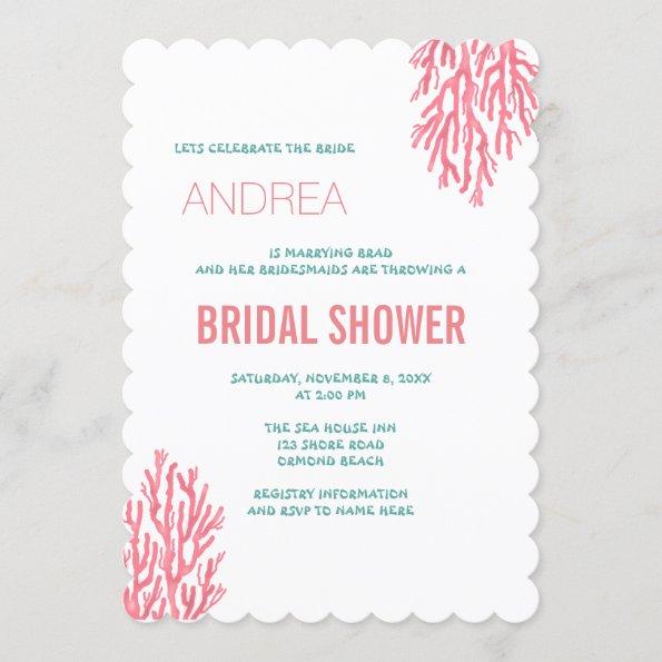 Sea Coral n Blue Text Bridal Shower Invitations