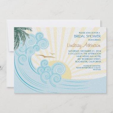 Sea palms beach bridal shower invitations