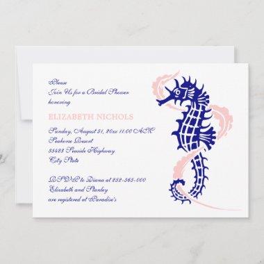 Seahorse blue, pink wedding bridal shower Invitations