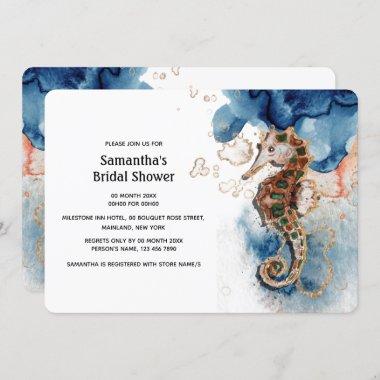 Seahorse drawing navy orange gold bridal shower Invitations