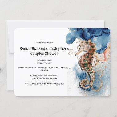Seahorse nautical navy orange gold couples shower Invitations