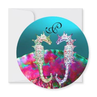 SEAHORSES BEACH WEDDING MONOGRAM, pink blue black Invitations