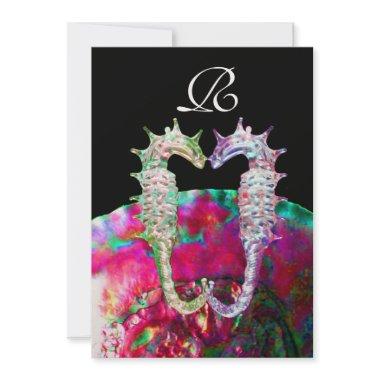 SEAHORSES BEACH WEDDING MONOGRAM, pink blue black Invitations