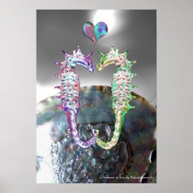 SEAHORSES IN LOVE PINK FUCHSIA MOTHER OF PEARL POSTER
