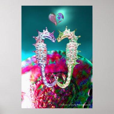 SEAHORSES IN LOVE , PINK TEAL BLUE MOTHER OF PEARL POSTER