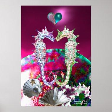 SEAHORSES IN LOVE , PINK TEAL BLUE MOTHER OF PEARL POSTER