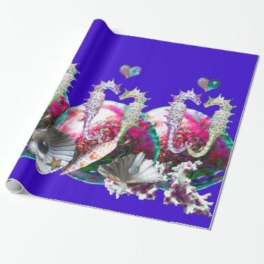 SEAHORSES IN LOVE , PINK TEAL BLUE MOTHER OF PEARL WRAPPING PAPER