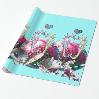 SEAHORSES IN LOVE , PINK TEAL BLUE MOTHER OF PEARL WRAPPING PAPER