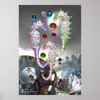 SEAHORSES SHELLS,MOTHER OF PEARL AND COLORFUL GEMS POSTER
