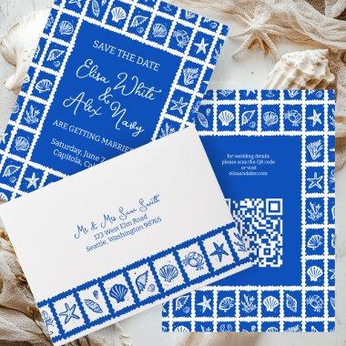 Seashell Grid Beach Wedding Blue White CUSTOM Envelope