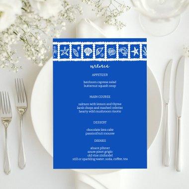 Seashell Grid Beach Wedding Blue White CUSTOM Menu