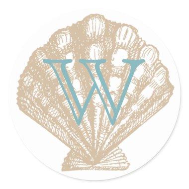 Seashell | Tan Scallop Sea Shell Monogram Classic Round Sticker