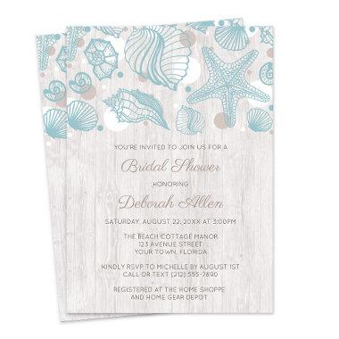 Seashell Whitewashed Wood Bridal Shower Invitations