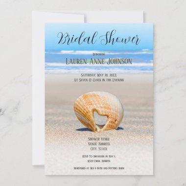 Seashell with Heart & sand at Beach, Bridal Shower Invitations