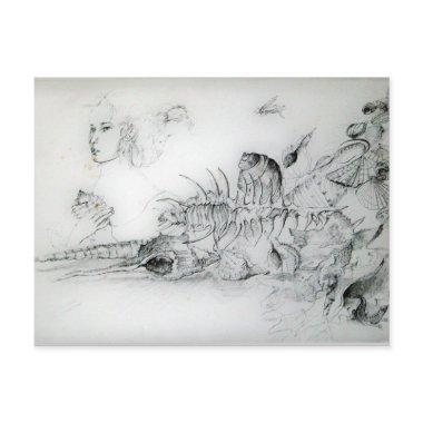 SEASHELLS AND YOUNG GIRL Black White Drawing PostInvitations