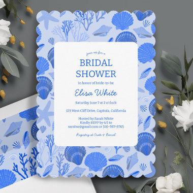 Seashells Bridal Shower Elegant Blue Beach CUSTOM Invitations