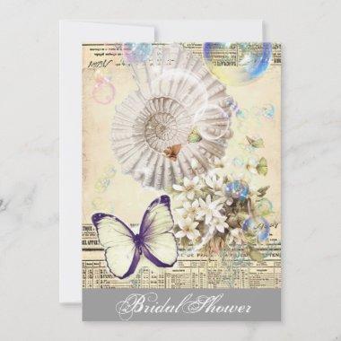 seashells butterfly botanical bridal shower Invitations