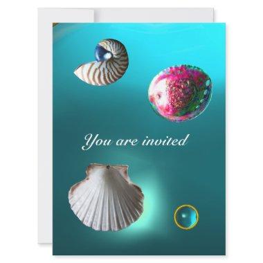 SEASHELLS DAMASK GEM BEACH WEDDING blue aquamarine Invitations