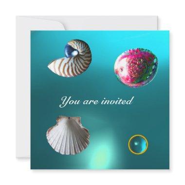 SEASHELLS DAMASK GEM BEACH WEDDING blue aquamarine Invitations