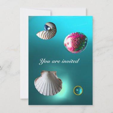 SEASHELLS DAMASK GEM BEACH WEDDING blue aquamarine Invitations
