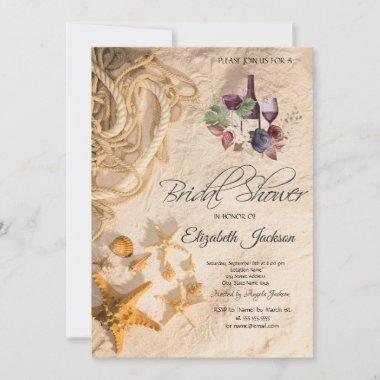 Seashells Rope Sand Burgundy Floral Bridal Shower Invitations